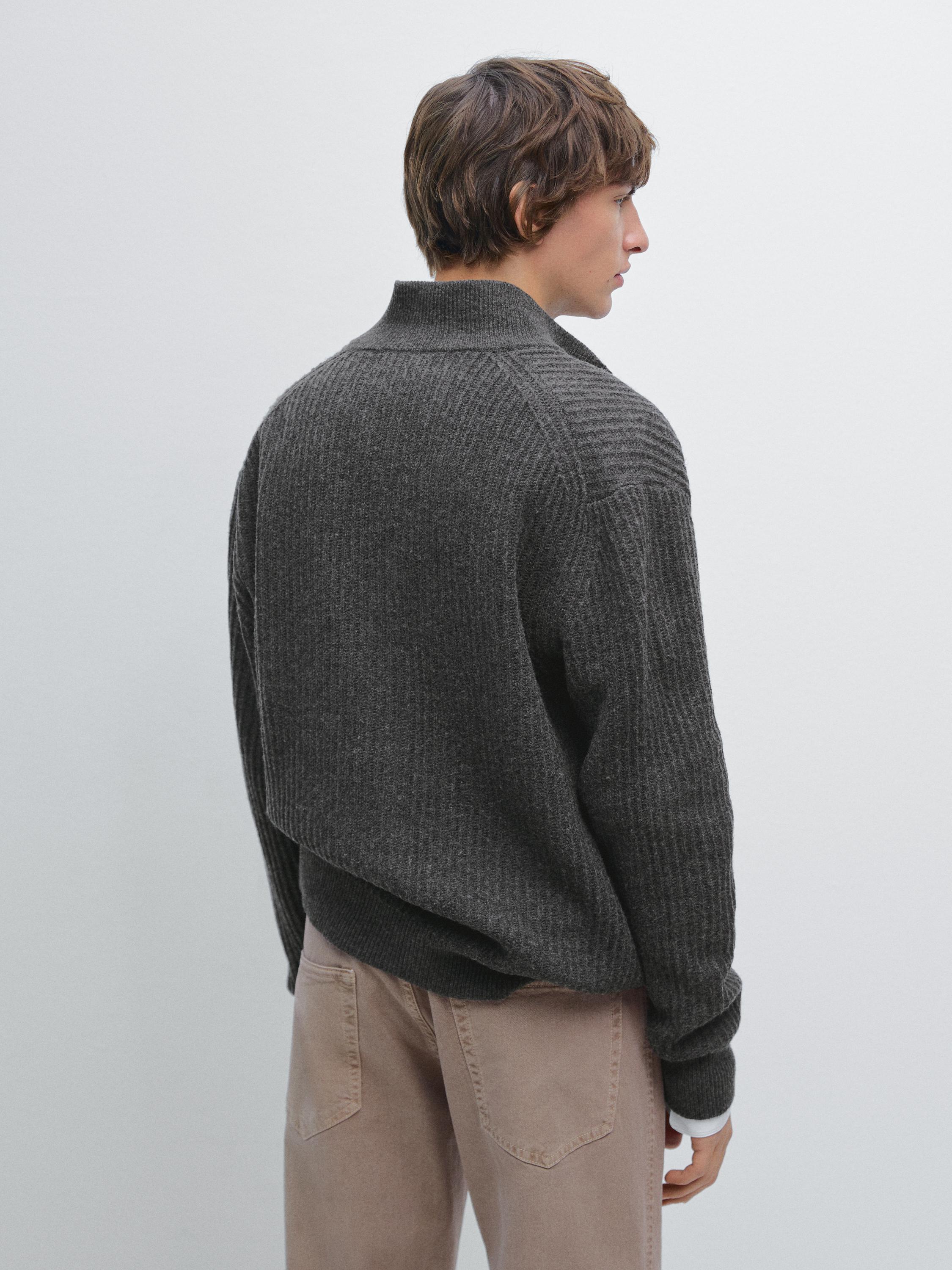 Cotton blend knit cardigan with high neck